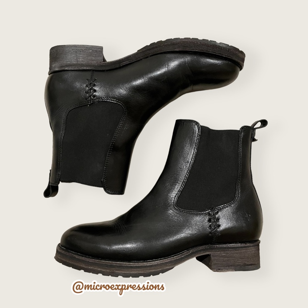 $369 Frye Melissa Chelsea Black Genuine Leather Comfy Low Heel Short Ankle Boot - Picture 6 of 16